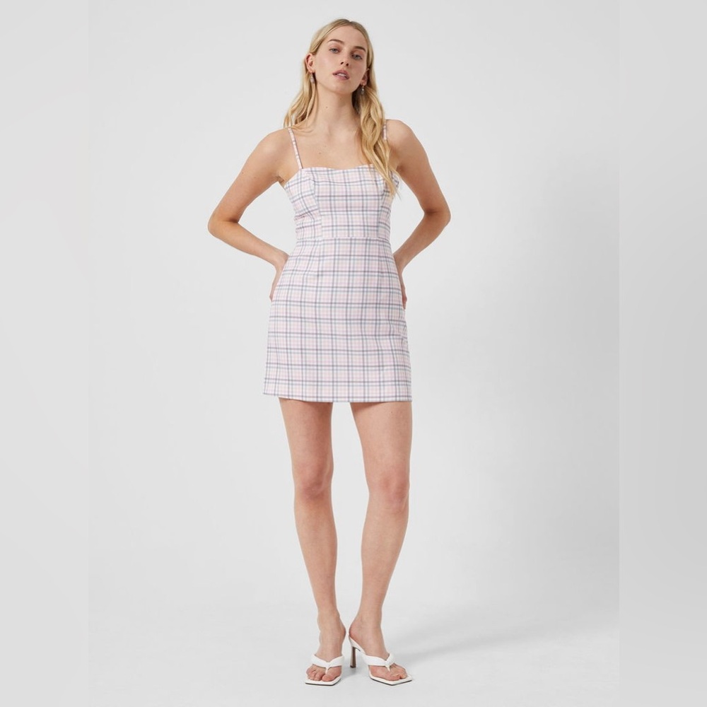 NEW French Connection Dress Womens 6 Pink check Sleeveless Tie Back Mini $128